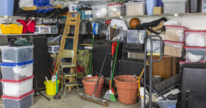 Photograph of cluttered, unorganized garage