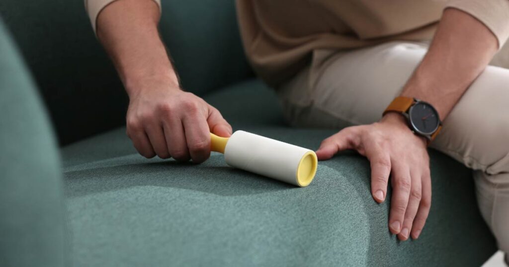 lint roller used on couch cushion