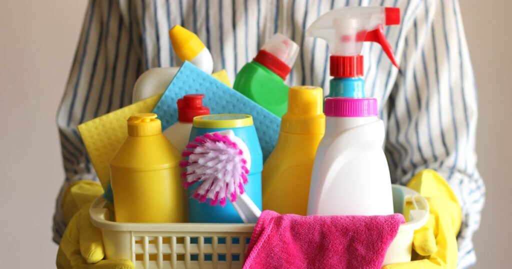 pet safe cleaning products in a basket