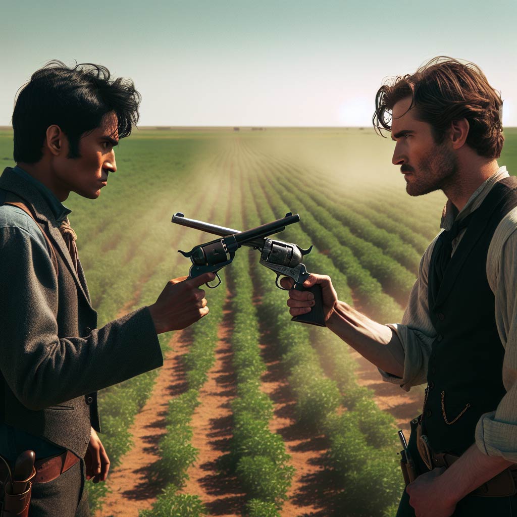Two men dueling in a field