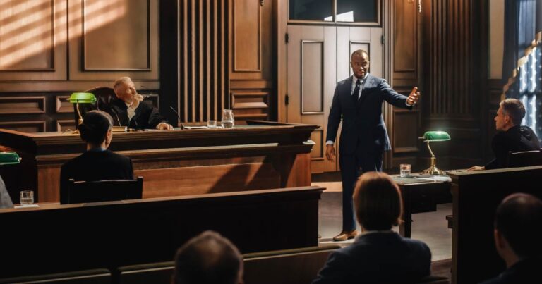 Lawyer in court room.