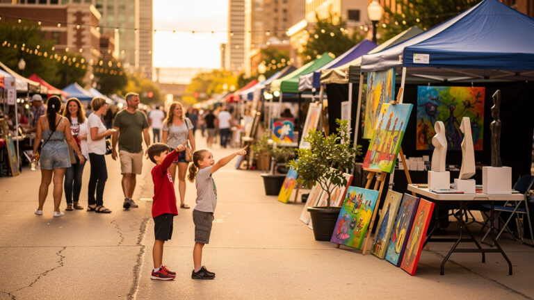 Families enjoying the Festival of the Arts in downtown Oklahoma City with colorful art booths and live performances