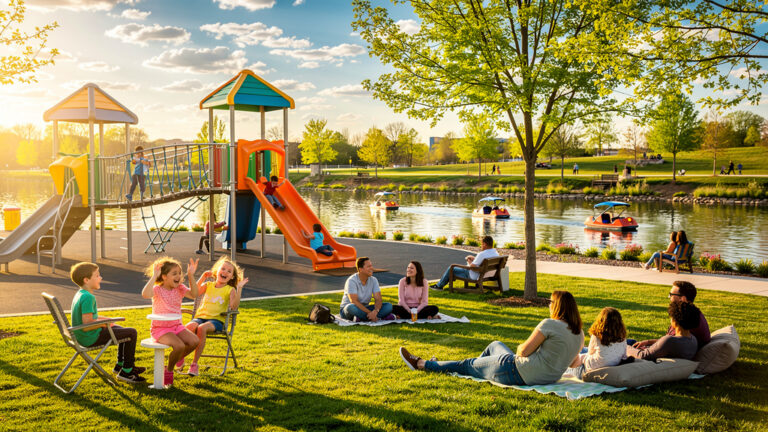 Families playing at Gathering Place Tulsa Oklahoma with adventure playground and riverfront park on a sunny spring day