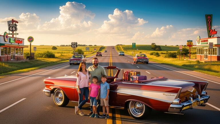 Family enjoying a Route 66 road trip in Oklahoma with classic cars and vintage roadside attractions during centennial celebration 2026