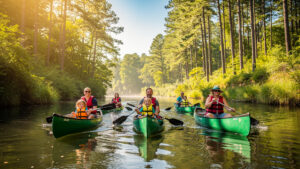 Family canoeing on the Mountain Fork River at Beavers Bend State Park in southeastern Oklahoma