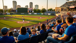 Families cheering at an Oklahoma City Comets baseball game at Chickasaw Bricktown Ballpark in 2026
