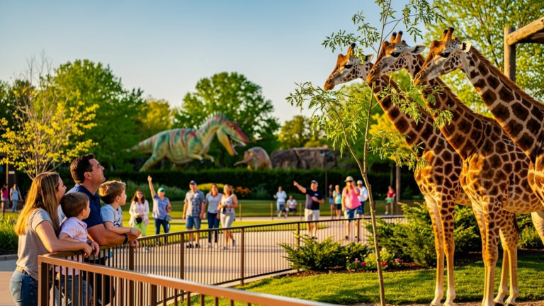 Families enjoying spring at the Oklahoma City Zoo, watching giraffes at Expedition Africa habitat with kids and parents smiling in warm spring sunshine