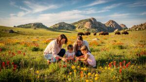 Family viewing spring wildflowers including Indian paintbrush at Wichita Mountains Wildlife Refuge in Oklahoma
