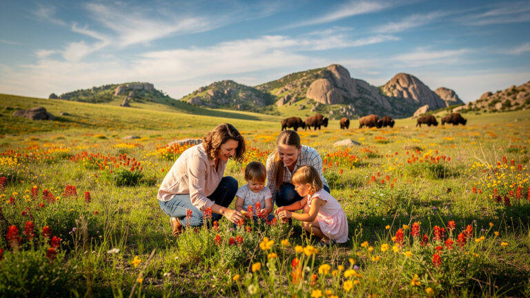 Family viewing spring wildflowers including Indian paintbrush at Wichita Mountains Wildlife Refuge in Oklahoma
