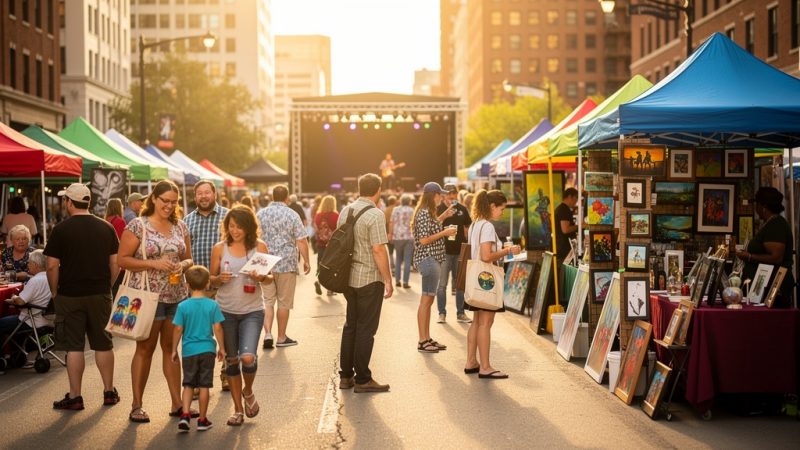 Families browsing colorful art booths at the Festival of the Arts in downtown Oklahoma City during the 60th annual celebration