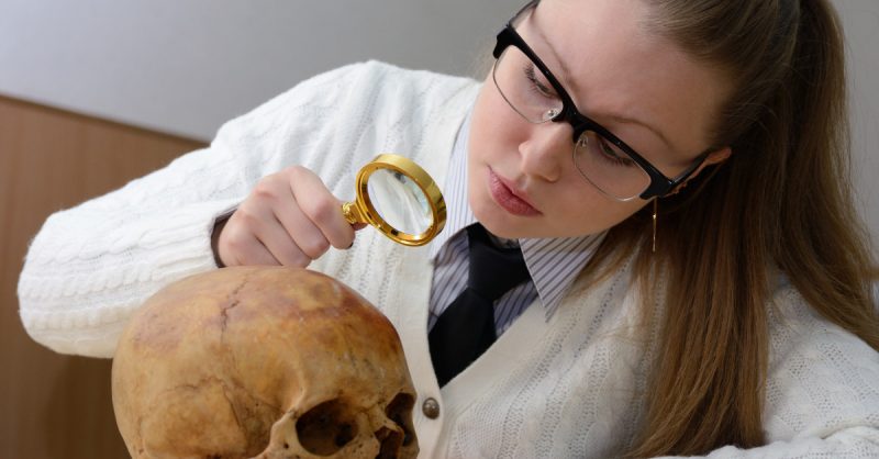 Woman examining a human skull forensic night event