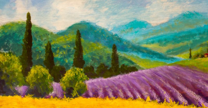 Oil,Painting,Italian,Summer,Countryside.,Lavender,Purple,Field.,French,Tuscany. Italian Country Side - Oil Painting