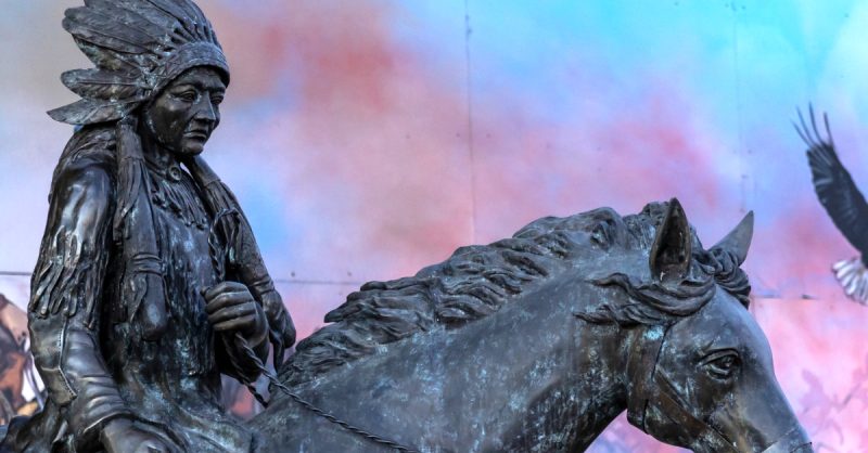 Calumet,,Oklahoma,,Usa-,07.22,2022:,Cherokee,Trading,Post.,Tribal,Chief Monument Oklahoma tribal chief on horseback