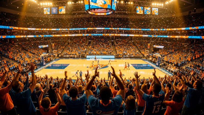 Fans cheering at an OKC Thunder basketball game inside Paycom Center in Oklahoma City