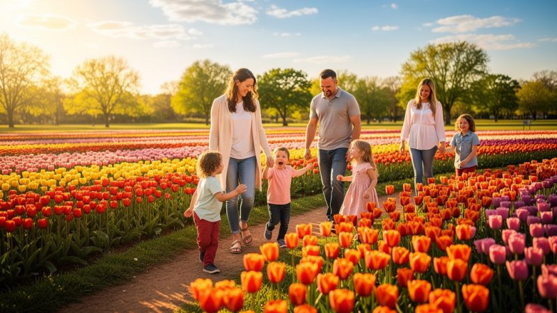 Families enjoying the OKC Tulip Festival at Myriad Botanical Gardens, surrounded by thousands of colorful blooming tulips