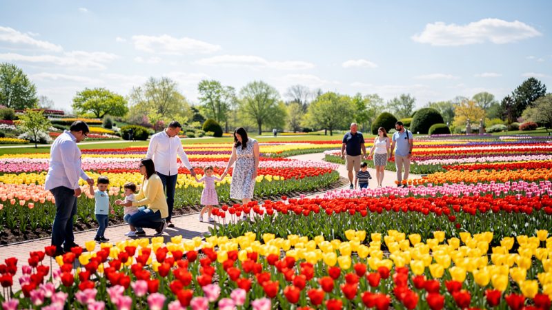 Families enjoying the Tulip Festival at Myriad Botanical Gardens in Oklahoma City with over 100,000 colorful tulips in bloom