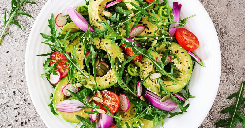 Diet,Menu.,Healthy,Salad,Of,Fresh,Vegetables,-,Tomatoes,,Avocado, Vegan food dish